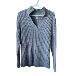 L.L. Bean Cable Knit Collared VNeck Grey Sweater Size Medium